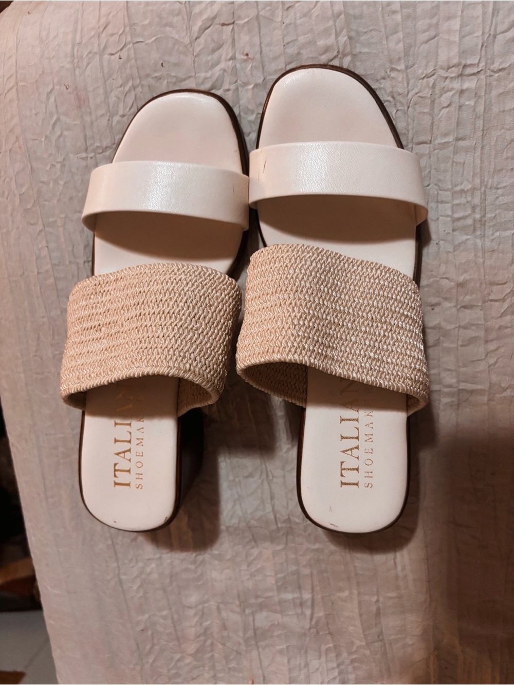 Italian Shoemakers Two-Band Cream and Natural Woven Slide Sandals